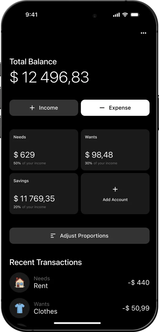 Layar utama Wudget dengan total saldo, akun, dan transaksi terbaru