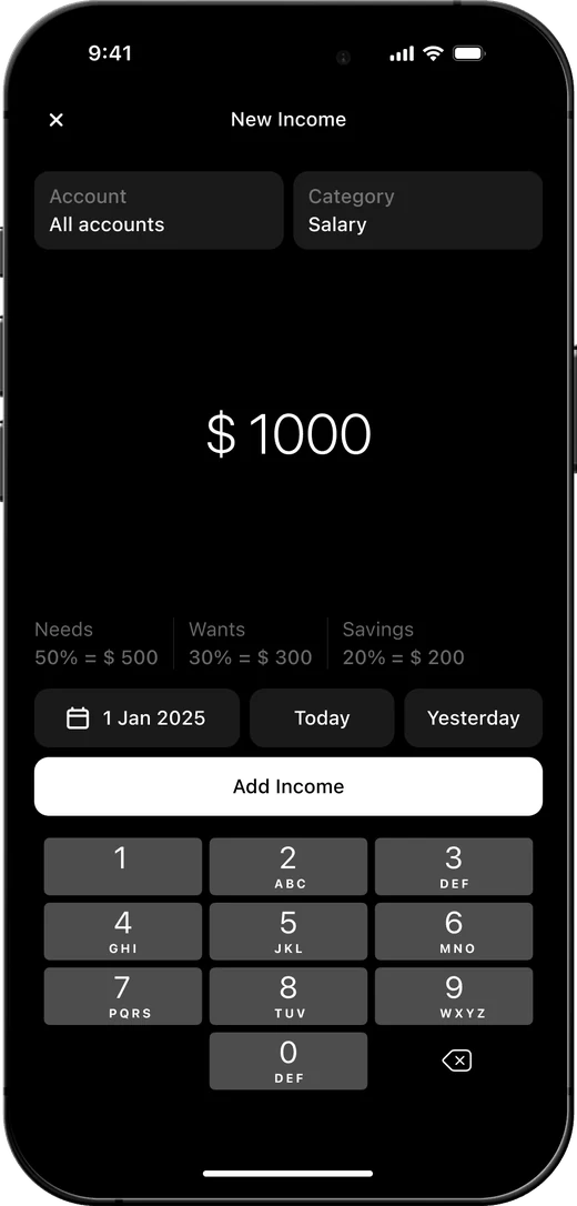 Menambahkan pemasukan baru sebesar $1000